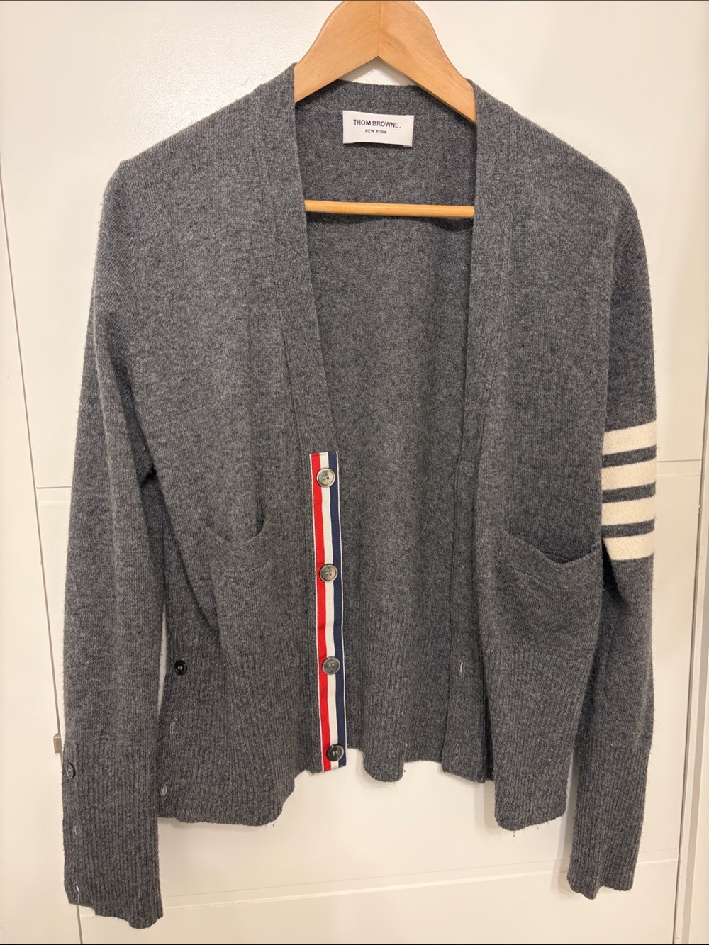 Thom Browne Charcoal Gray Wool Cardigan with Tricolor Trim Size M